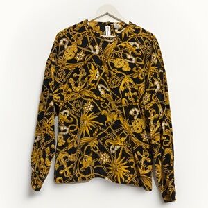 Vtg Dana Buchman 100% Silk Blouse Black Baroque Print Button Sz 12